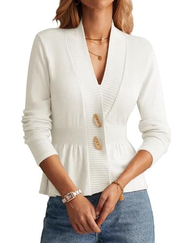 GRACE KARIN Women Cardigan Sweaters 2025 Fall,Long Sleeve Cropped Sweater Coat Trendy,Button Front Peplum Tops Lightweight White - Image 1