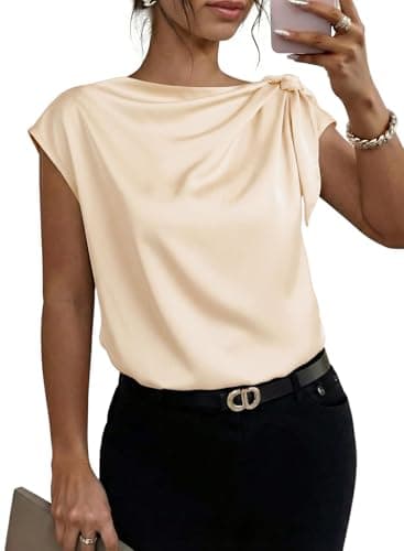 Dokotoo Summer Tops for Women Bowknot Tie Neck Cap Short Sleeve Shirts for Women Satin Casual Dressy Business Office Work Outfits Womens Tunic Blouses Women's Clothing Beige Small - Image 1