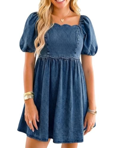 POLIRO Denim Dress Babydoll Jean Square Neck Puff Sleeve Casual Country Concert Dresses with Pockets for Women 2026 Western Y2K Plus Medium Blue Size X-Large Size 16 18 - Image 1