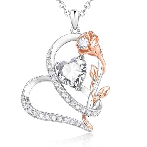 Rose Heart Birthstone Necklace for Women - Dainty 925 Sterling Silver Necklaces for Women Trendy CZ Pendant Necklace Jewelry Birthday Anniversary Christmas Gifts for Girlfriend Mom Lady Daughter - Image 1