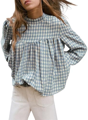 Astylish Womens Plaid Tops Casual Loose Long Sleeve Mock Neck Gingham Babydoll Blouses Cute Flowy Tops Light Blue Medium - Image 1