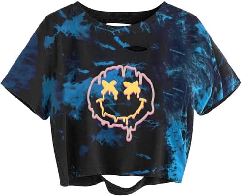 Avanova Women's Tie Dye Smile Face Graphic Tee Summer Short Sleeve Distressed Crop Top Tie Dye Blue Large - Image 1