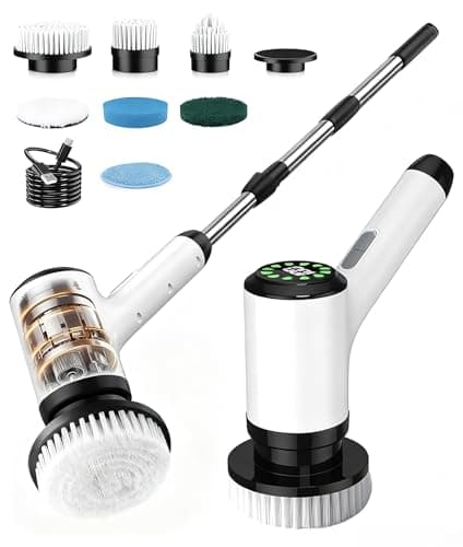 Lichffy Electric Spin Scrubber, Cordless Cleaning Brush with 7 Replaceable Brush Heads, 2-Speed Adjustable Handle Shower Scrubber, IPX7 Waterproof for Bathroom, Tub, Tile & Floor, Teens, White-qb1... - Image 1