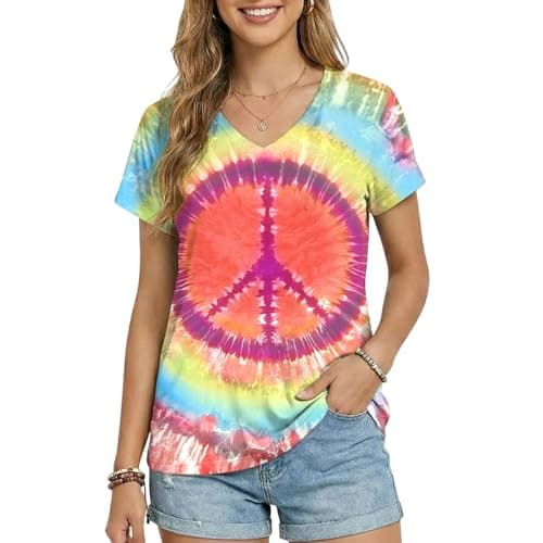 Women Hippie Shirt 60s 70s Peace Love Graphic Tie Dye V-Neck Tshirt Vintage Hippie Style Tee Tops - Image 1