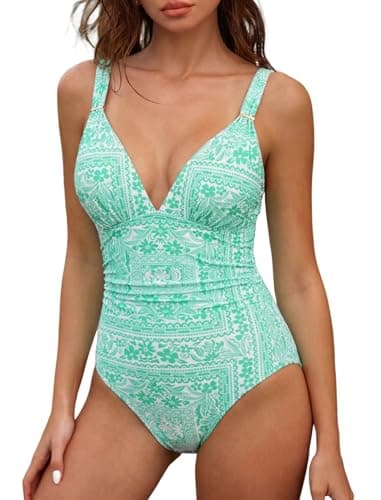 ZAFUL Womens Sexy V Neck One Piece Swimsuit Ruched Tummy Control Bathing Suit Backless Slimming Monokini (Green Floral, Medium) - Image 1