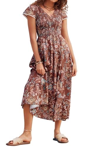 Maxi Summer Dresses for Women 2026 Elegant Classy, Casual Cap Sleeve Floral Beach Dress, Long A Line Vacation Boho Sundress M - Image 1