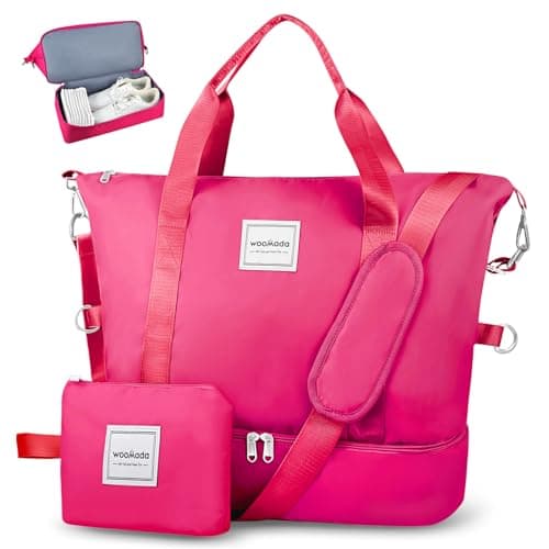 WOOMADA Weekender Bag for Women, Travel Duffel with Shoe Compartment & Wet Pocket, Personal Item & Overnight Bag for Airlines, Sport Gym Tote (Hot Pink) - Image 1