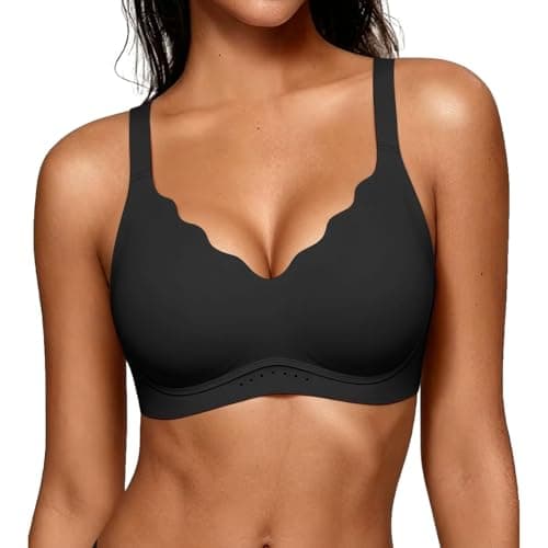 As Fairy Wireless Bras for Women No Underwire Full Coverage Jelly Lift Strong Support Push Up Scalloped Everyday Tshirt Bra Seamless Soft Daily Wear Breathable Air Hole Design(Black 42DD) - Image 1