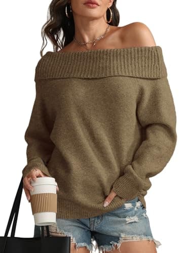 ATHMILE Brown Off the Shoulder Sweater Womens Oversized Spring Tops Batwing Sleeve Loose Pullover Fall Winter Outfits - Image 1