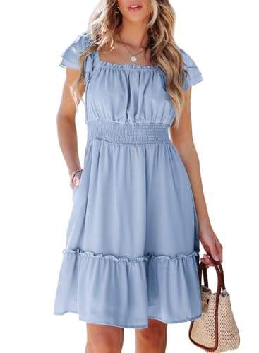 Dokotoo Flowy Dresses for Women Oversized Smocked Tiered Ruffle Short Sleeve Elastic Waist A-Line Casual Midi Dress with Pockets Square Neck Sexy Dresses Blue Large - Image 1