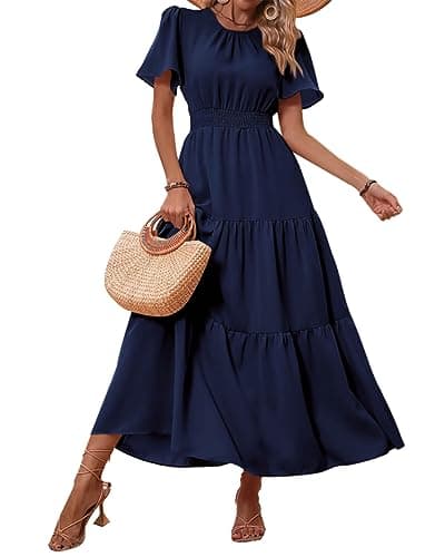 PRETTYGARDEN Women's Summer Casual Short Flutter Sleeve Round Neck Smocked Waist Tiered Boho Floral Flowy Maxi Dress(Solid Navy,Large) - Image 1