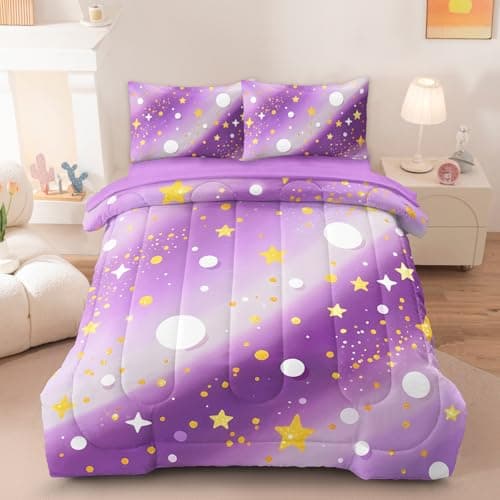 HICAND 5 Pcs Twin Bedding Sets for Girls, Purple Glitter Rainbow Bed in A Bag Twin Size Bed Set, Stars Galaxy Bedding Comforter Set for Girls - Image 1