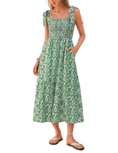 Kate Kasin Summer Womens Floral Boho Maxi Dress, Spaghetti Tie Strap Long Sun Dresses, 2026 Vacation Beach Smocked Sundresses Green - Image 1