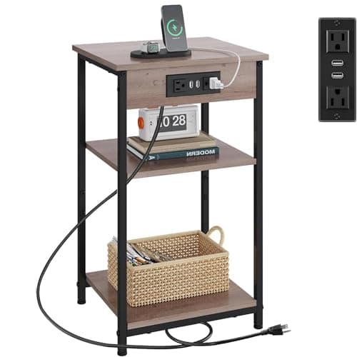 WLIVE End Table with Charging Station, Small Night Stand with Storage Adjustable Shelf, Side Tables for Small Spaces, Bedside Tables for Living Room, Bedroom, Grey - Image 1