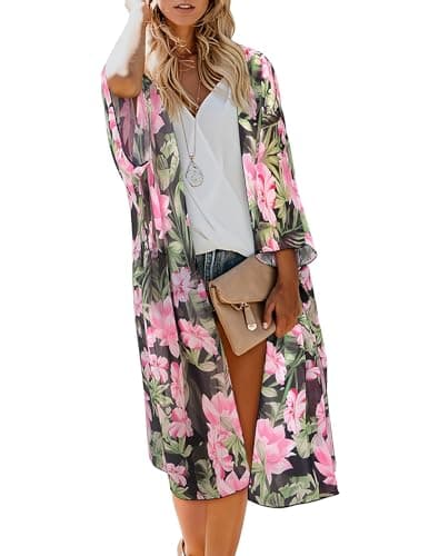 MayBuy Kimonos for Women Swimsuit Coverups Beach Cover Up Swimwear Long Flowy Chiffon Cardigan Summer Boho Open Front Cover Up (01 Black/Leaf, M) - Image 1