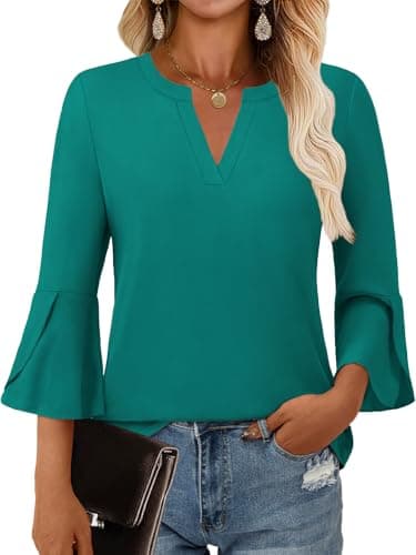 GKBK Women's Blouses Ruffle 3/4 Sleeve Dressy Top V Neck Casual Tunic Blouses Business Shirts Deep Green XL - Image 1