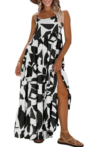 ECOWISH Women Sleeveless Maxi Dress: Summer Spaghetti Strap Casual Loose Boho Beach Dress Asymmetric Tiered Flowy Long Dress Black M - Image 1