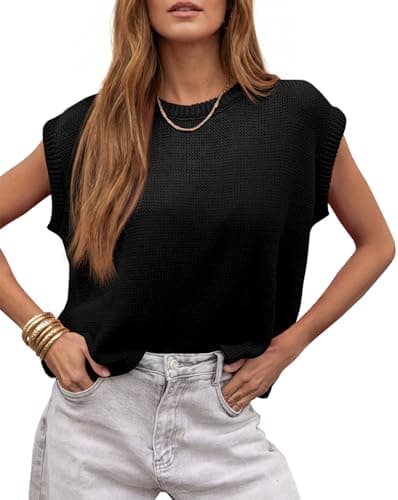 Saodimallsu Womens 2026 Summer Sleeveless Tank Tops Cap Sleeve Crew Neck Loose Casual Knit Pullover Sweater Vest Z-Black - Image 1