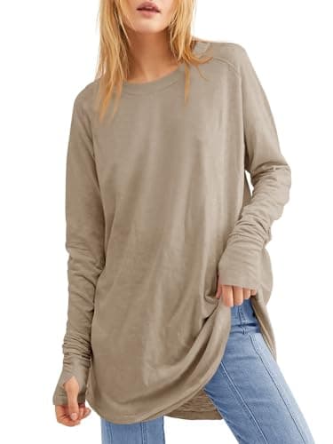 Fisoew Women's Casual Long Sleeve Tops Crew Neck Round Hem Loose T-Shirts Tunic Tops with Thumb Holes Khaki - Image 1