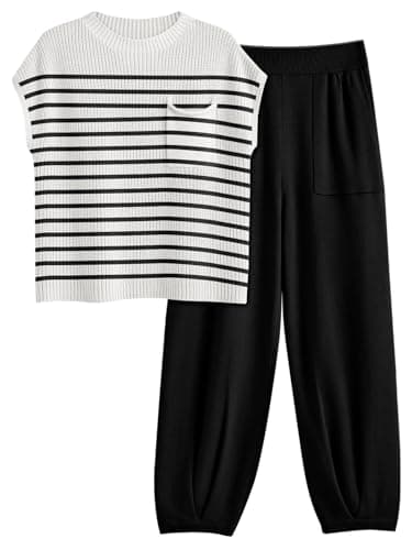LILLUSORY Two 2 Piece Sets Womens 2026 Spring Summer Matching Lounge Sweatsuits Sweat Suits Trendy Travel Beach Vacation Fashion Resort Wear Outfits Knit Loungewear Clothes Clothing Stripes Black L - Image 1