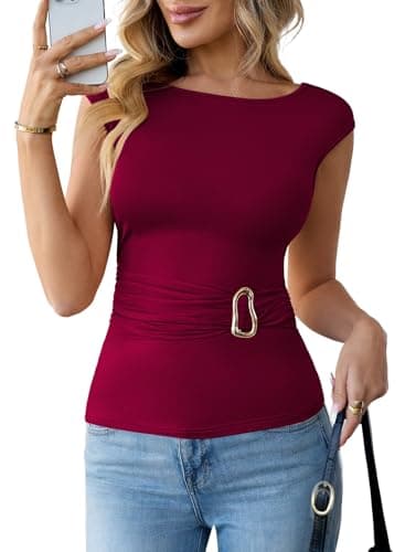 Pink Queen Going Out Tops for Women Sleeveless Ruched Slim Fitted Stylish T-Shirts with Buckle Decor Red Dahlia L - Image 1
