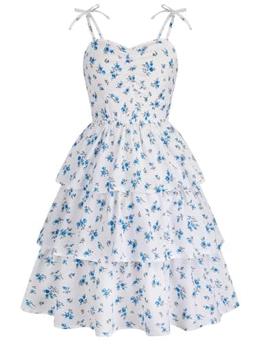 HOZIY Girls Dresses Size 8 Kids Spring Spaghetti Strap Short Dress Junior Cute White Blue Floral Easter Summer Ruched Sweetheart Kids Beach Sundress - Image 1