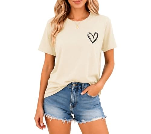 KUYIGO Unisex Heart Graphic T Shirt Casual Short Sleeve Crewneck Minimalist Love Tee Matching Shirt for Men Women,XXL Apricot - Image 1