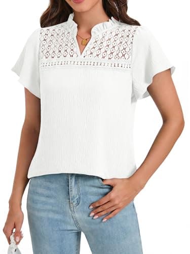 Funlingo Women Blouses Dressy Casual 2026 Summer Ruffle Short Sleeve Eyelet Tops V Neck Flowy Hollow Out Lace Work Shirts Spring Clothes White XL - Image 1