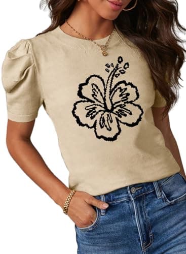 Dokotoo Womens Tops 2026 Trendy Cute Crewneck Puff Short Sleeve Casual Top Frangipani Printed Oversized Sweaters for Working Outgoing Summer Outfits Summer Clothes XX-Large - Image 1