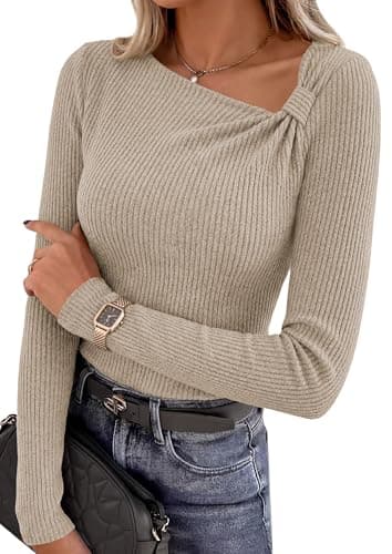 PRETTYGARDEN Womens 2026 Early Fall Fashion Long Sleeve T Shirts Asymmetrical Ribbed Fitted Trendy Going Out Tops Y2K Outfits (Grey Apricot,X-Large) - Image 1