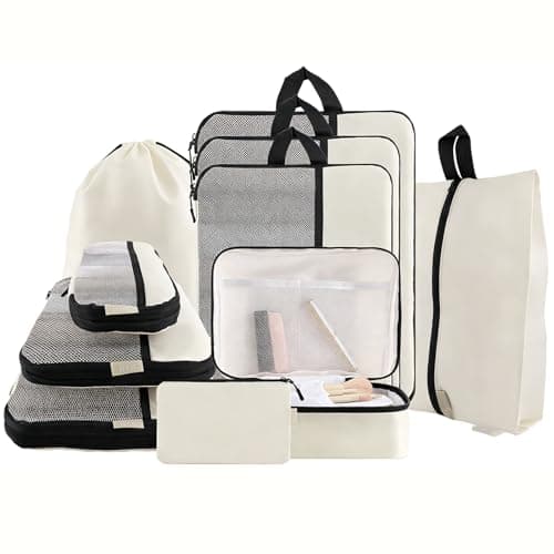 U+U 10 Set Compression Packing Cubes - Ultralight Cream Travel Organizers with Laundry Bag, Space-Saving Suitcase Organizer, Expandable Packing Cubes for Travel and Family Vacation (Cream) - Image 1