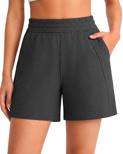 G4Free Casual Shorts for Women Waffle Knit High Waisted Soft Athletic Shorts with Pockets for Summer Walking Lounge (Dark Gray,L) - Image 1