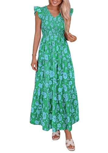 PRETTYGARDEN Women's Boho Floral Maxi Dress 2026 Summer Smocked V Neck Ruffle Sleeve Spring Flowy Beach Vacation Sundresses (Green White Floral,XX-Large) - Image 1