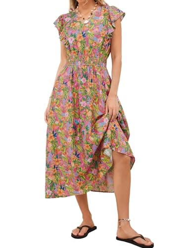 Kate Kasin Women's Floral Dress, Casual Summer Boho Maxi Dresses, Flutter Sleeve Long Flowy Beach Vacation Sundress(Yellow/Green/Pink,L) - Image 1