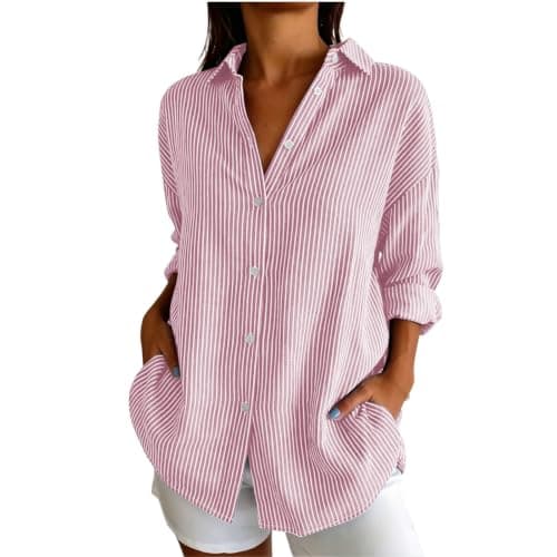 Striped Shirt Women Long Sleeve Summer Fall Tops Pink X-Large - Image 1