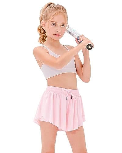 Stelle Girls Flowy Shorts with Pockets Athletic Running Skirt High Waist Butterfly 2 in 1 Sports Short 5-16 Years(Pink,XL) - Image 1