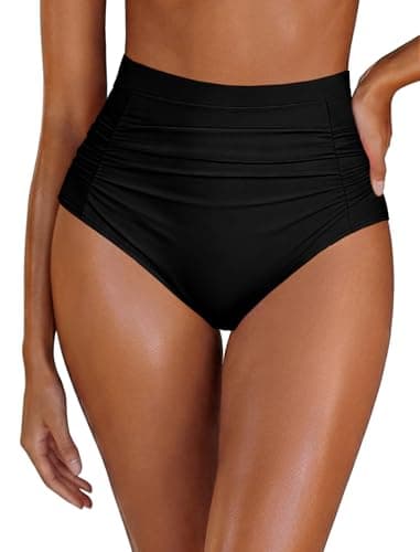 Arolina Black High Waisted Bikini Bottoms Plus Size Tummy Control Bathing Suit Bottoms Ruched Full Coverage Retro Bikini Shorts - Image 1