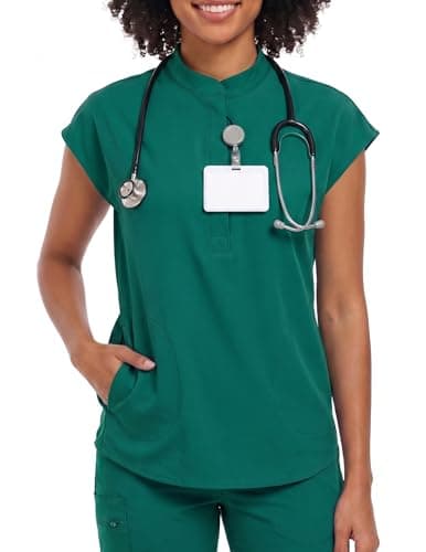 VECARDI Women's Scrub Top Zip Front Stretch Short Sleeve Nurse Uniform Shirt with Pockets Badge Loop Hunter Green
