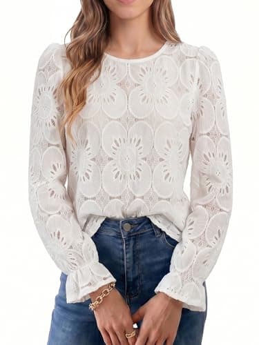 Chevibe Women's Eyelet Blouse Long Sleeve Hollow Out Lace Crochet Tops Crew Neck Ruffle Cuff Embroidery Casual Dressy Shirts White - Image 1