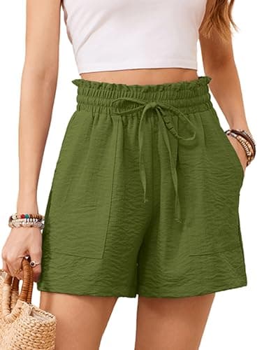 KORSIS Women Shorts High Waist Elastic Summer Lounge Casual Beach Vacation Work Loose Trousers with Pockets Olive L - Image 1