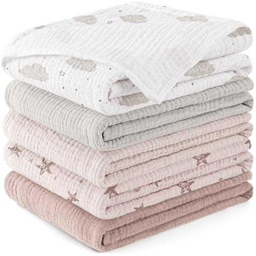 Susurration Muslin Burp Cloths Baby Washcloths 100% Cotton Burp Cloths Baby Girl 5 Pack, Absorbent and Soft Cloth Diapers 23.6 * 23.6 inch, Baby Girl Newborn Essentials-Pink Star - Image 1