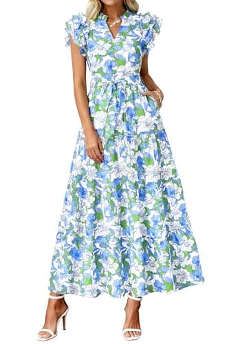 dowerme Women Summer Maxi Dresses 2026 Ruffle Sleeve V Neck Floral Boho Long Dress Belted Tiered Sundress with Pockets(Floral White Multicolored,XX-Large) - Image 1