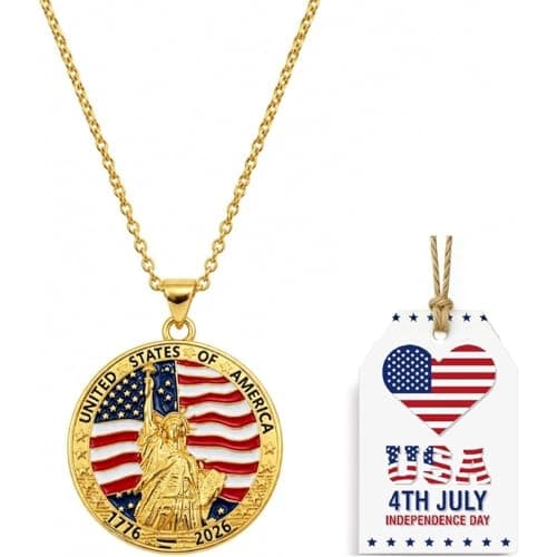 USA 250th Anniversary Necklace for Men Women, 1776 2026 Commemorative Pendant, 18K Golden Plated Brass Statue of Liberty American Flag Necklace with Stainless Steel Chain, Patriotic Jewelry Gift (Golden-USA) - Image 1