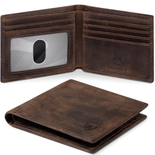 RUNBOX Genuine Leather Bifold Wallet for Men - RFID Blocking Slim Wallet with 9 Card Slots, 1 ID Window & Bill Compartment - Gift Box Packaging - Image 1