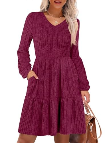 ANRABESS Women's Long Lantern Sleeve Ribbed Knit Dresses V Neck Casual 2025 Fall Winter Flowy Swing Tunic Sweater Short Dress Burgundy Large - Image 1