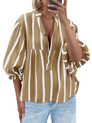 Tankaneo Womens Puff Sleeve Babydoll Tops Summer V Neck Striped Blouse Cute Casual Loose Fit Flowy Shirts Khaki - Image 1