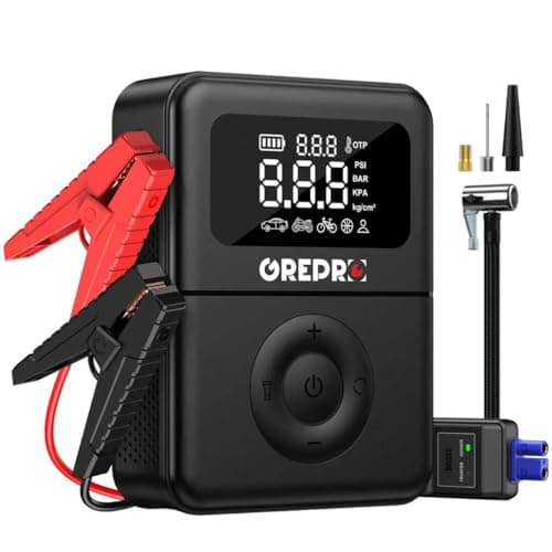GREPRO Jump Starter with Air Compressor, 5000A Battery Jumper Starter Portable(10.0L Gas/8.0L Diesel),150PSI Tire Inflator 12V Car Battery Booster with Jumper Cables, Digital Display, LED Flashlight