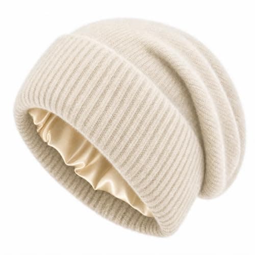 Cashmere Blend Satin Lined Beanie Hat Wool Winter Hats for Women Men Cuffed Hat Silk Lining Slouchy Beanie Women Knit Hat (Beige) - Image 1