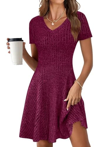 ANRABESS Womens Summer Dresses Casual Short Sleeve Ribbed Knit V Neck Swing A-Line 2026 Spring Vacation Tunics Short Dress Burgundy Small - Image 1