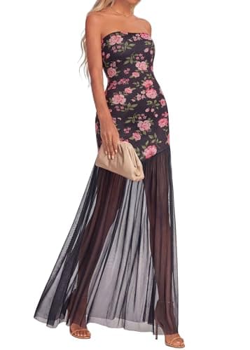 KIRUNDO Wedding Guest Dresses for Women 2026 Summer Strapless Bodycon Floral Maxi Mesh Tulle Hem Cocktail Party Formal Dress(Black Pink Flower, Large) - Image 1